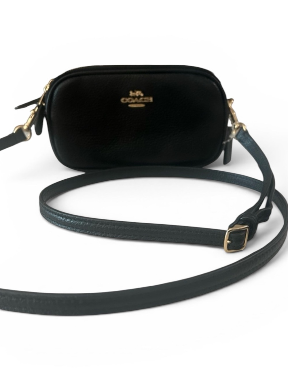 EUC Coach Mini Bag In Black Pebbled Leather Compact Gold Hardware Zip Closure